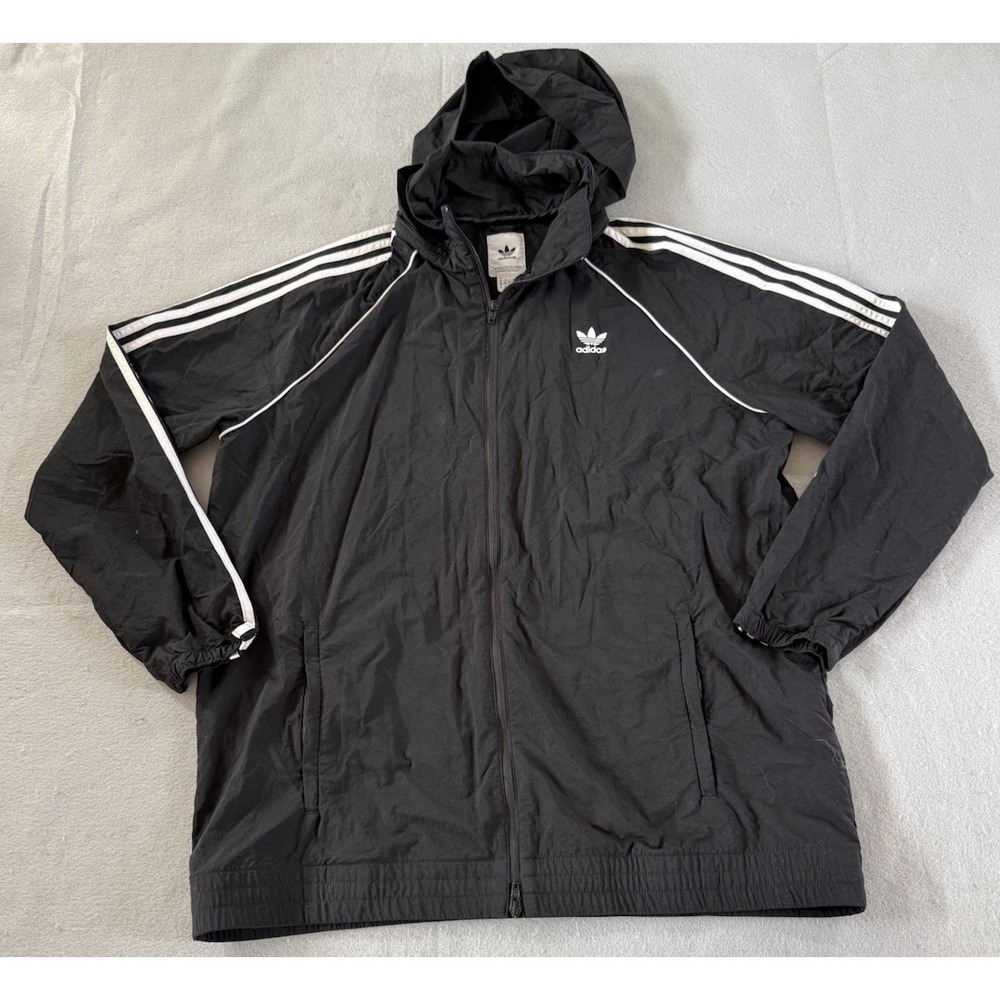 Adidas Men's Essentials Woven 3-Stripes Windbreaker Jacket Black Hooded Size XL